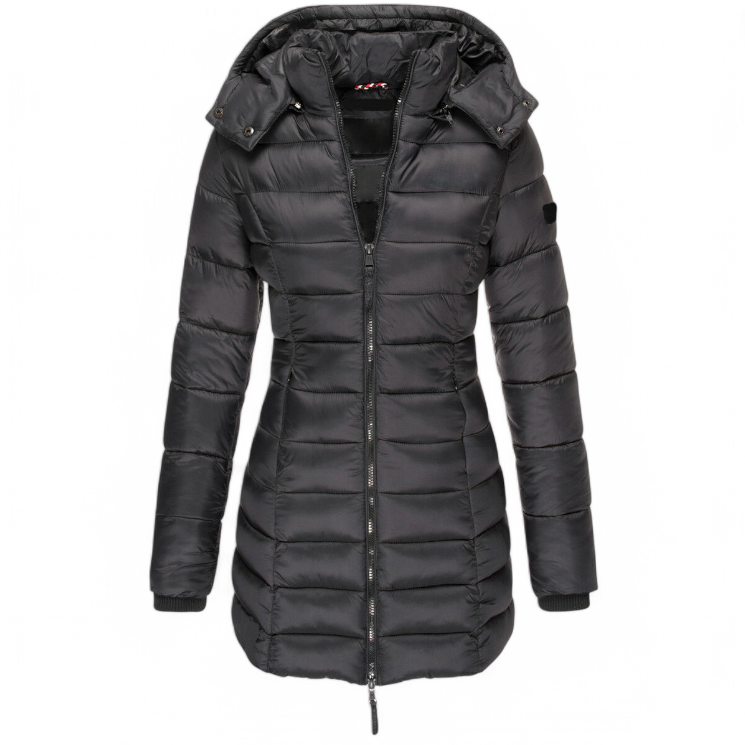 Veste noir mi-longue en coton pour femme, rembourrée, MidSlim, style moderne et confortable - Alikens