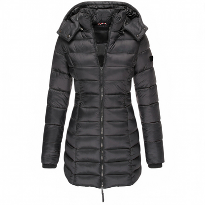 Veste noir mi-longue en coton pour femme, rembourrée, MidSlim, style moderne et confortable - Alikens